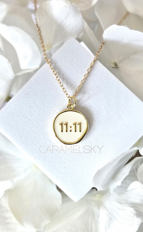 Gold and white enamel 11:11 pendant necklace, minimalist alignment jewelry by Caramel Sky Co.