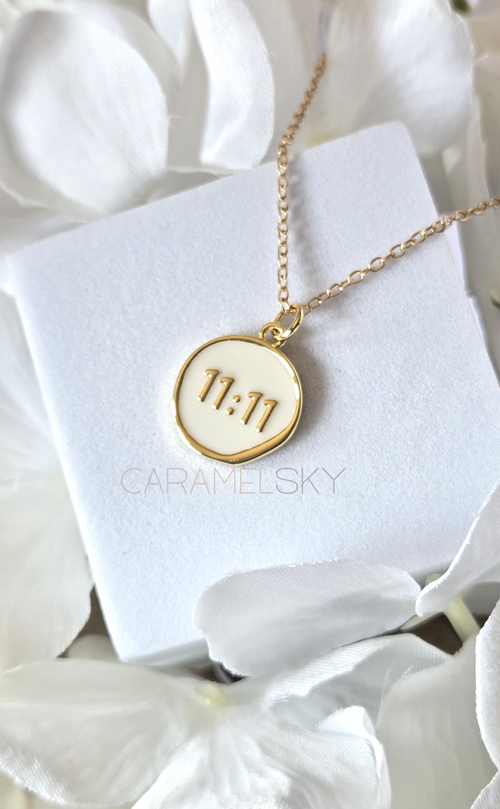 Gold and white enamel 11:11 pendant necklace, minimalist alignment jewelry by Caramel Sky Co.