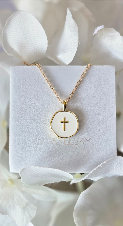 Gold and white enamel cross pendant necklace, minimalist faith jewelry by Caramel Sky Co.