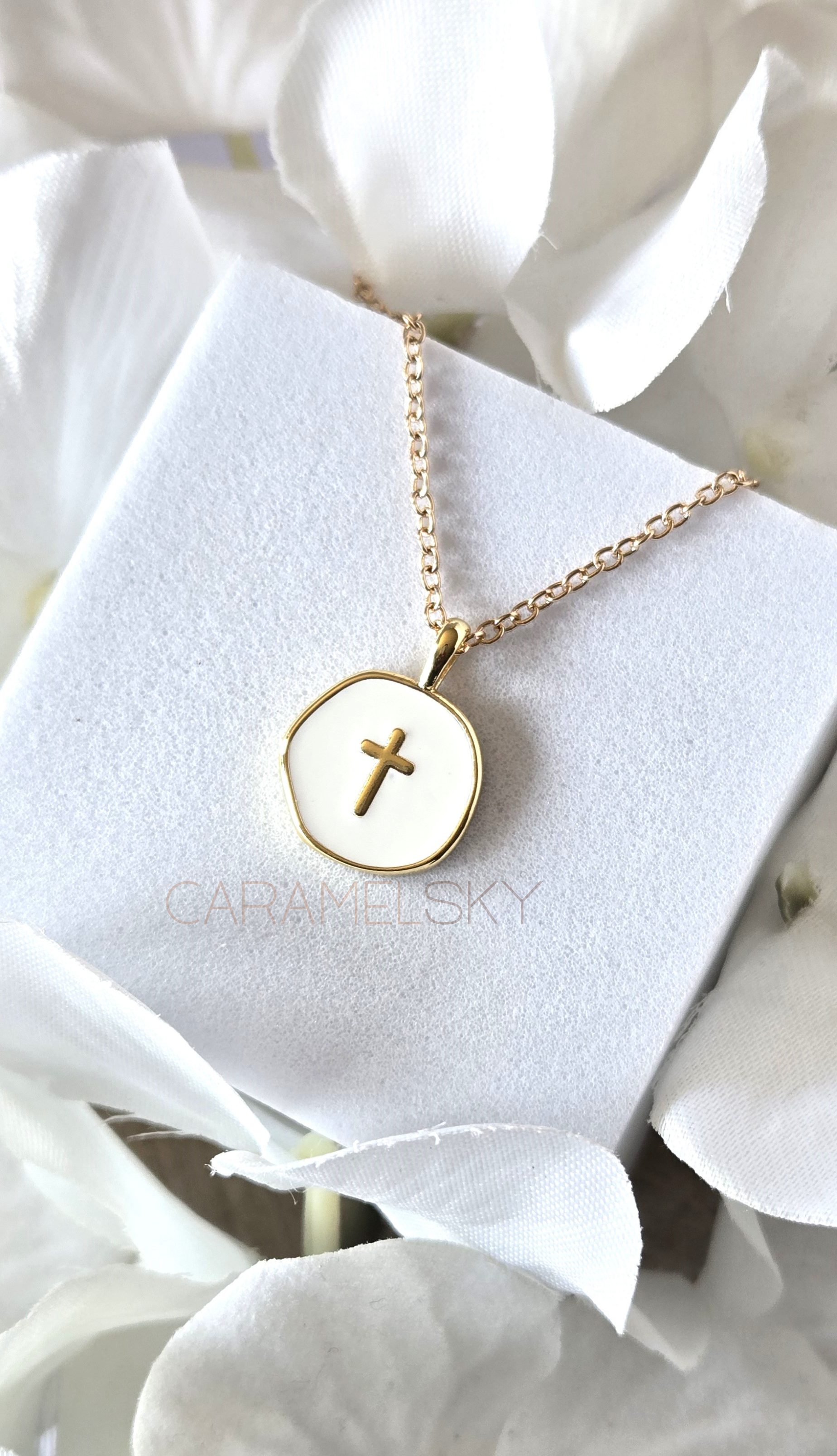 Gold and white enamel cross pendant necklace, minimalist faith jewelry by Caramel Sky Co.