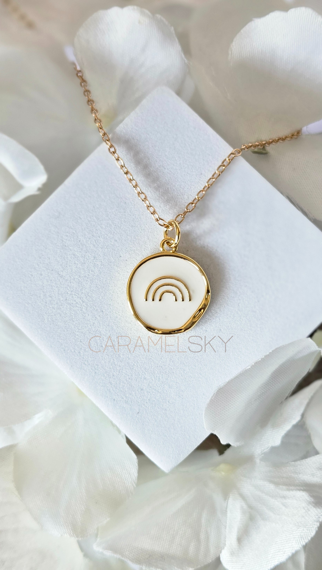 Gold and white enamel rainbow pendant necklace, minimalist hope jewelry by Caramel Sky Co.