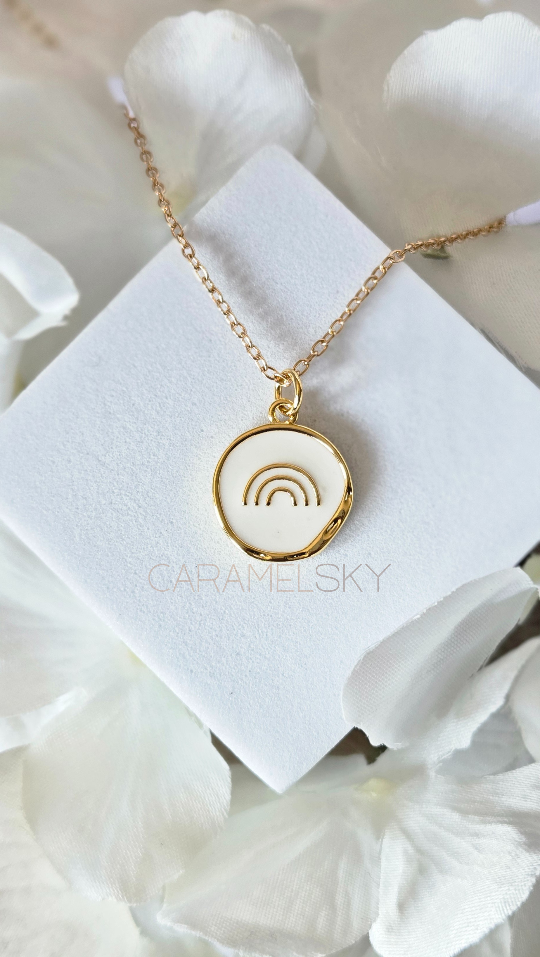 Gold and white enamel rainbow pendant necklace, minimalist hope jewelry by Caramel Sky Co.