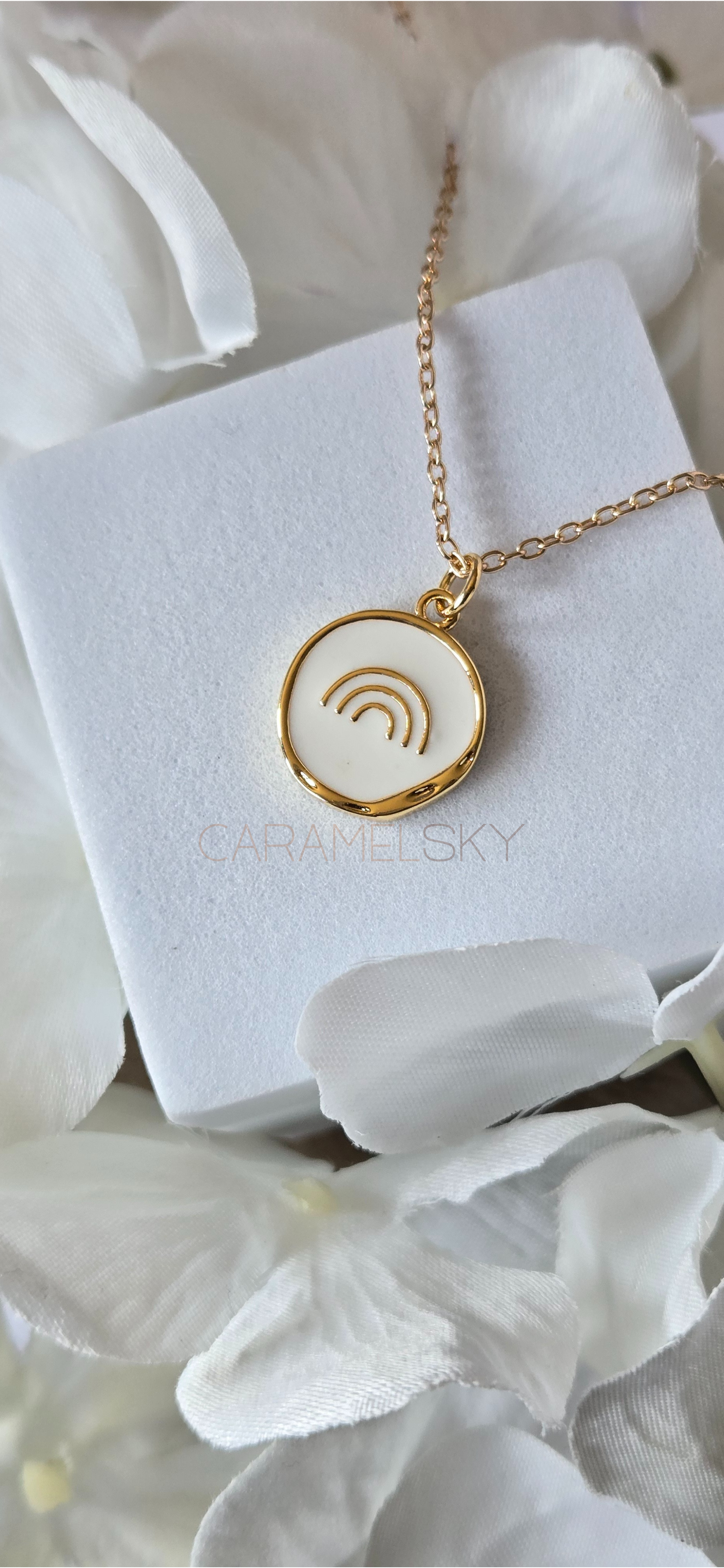 Gold and white enamel rainbow pendant necklace, minimalist hope jewelry by Caramel Sky Co.